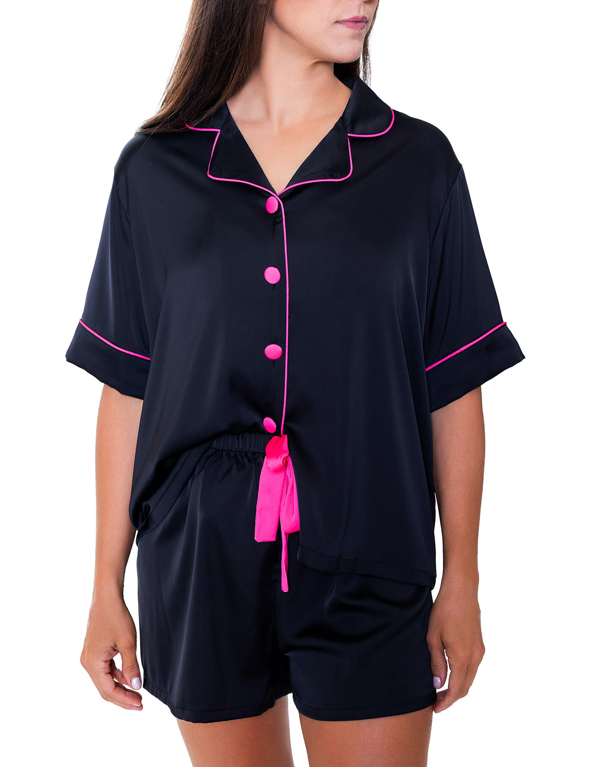 Silky Black Short Sleeve Short Set