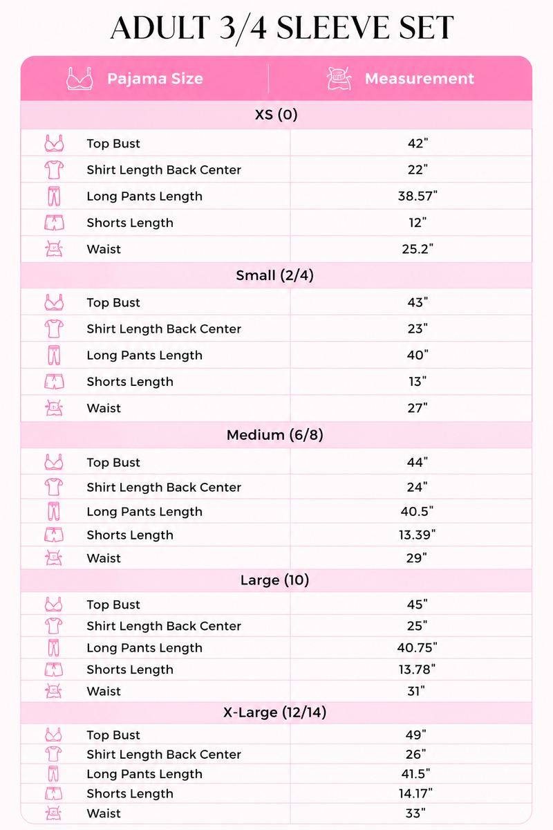 Size Guide for Heartbreaker Silky 3/4 Sleeve Pant Set (mobile)
