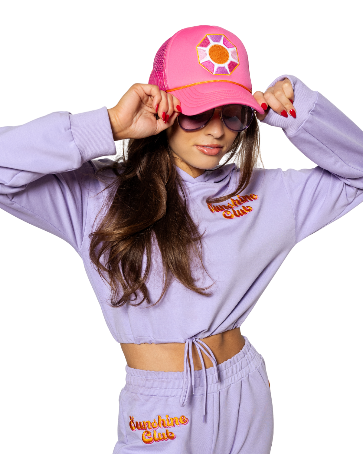 Grace Ann Nader in Solitaire Sun Trucker Hat, Pink
