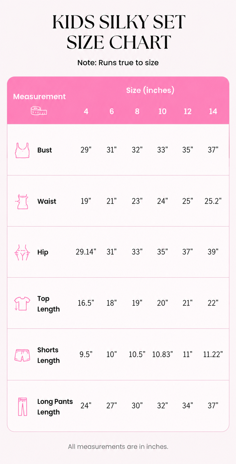 Size Guide for Kids Highway Holiday Silky Short Set (mobile)