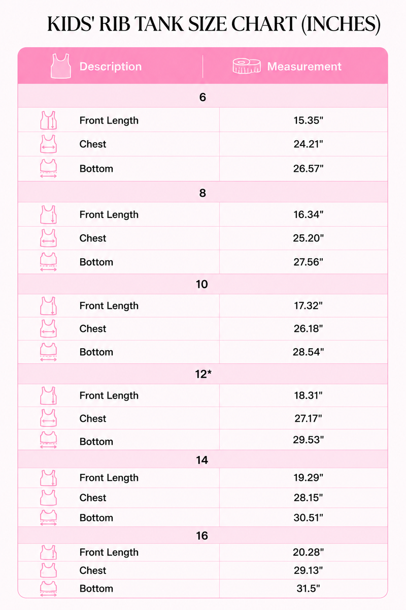 Size Guide for Kids Sunshine Classic Ribbed Tank, Orange (mobile)