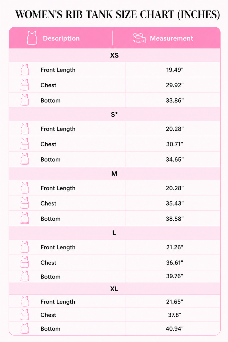 Size Guide for Sunshine Classic Ribbed Tank, Orange (mobile)