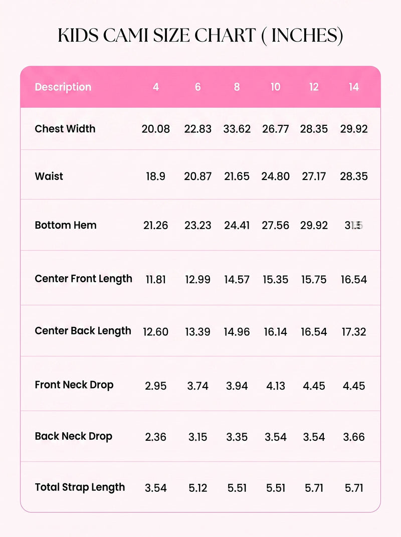Size Guide for Kids Pool Party Cami (mobile)