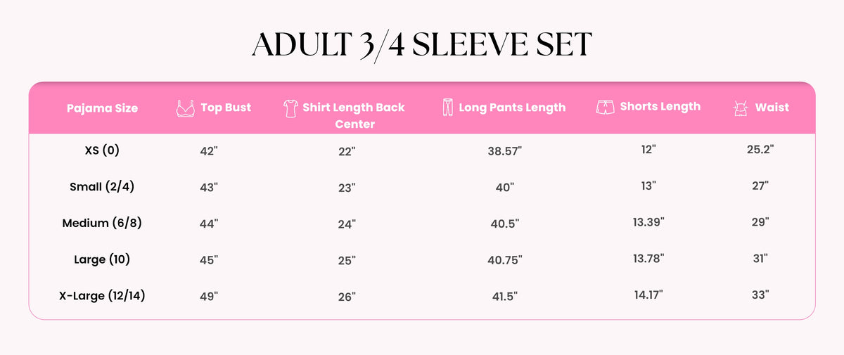 Size Guide for 90's Girl Silky 3/4 Sleeve Pant Set