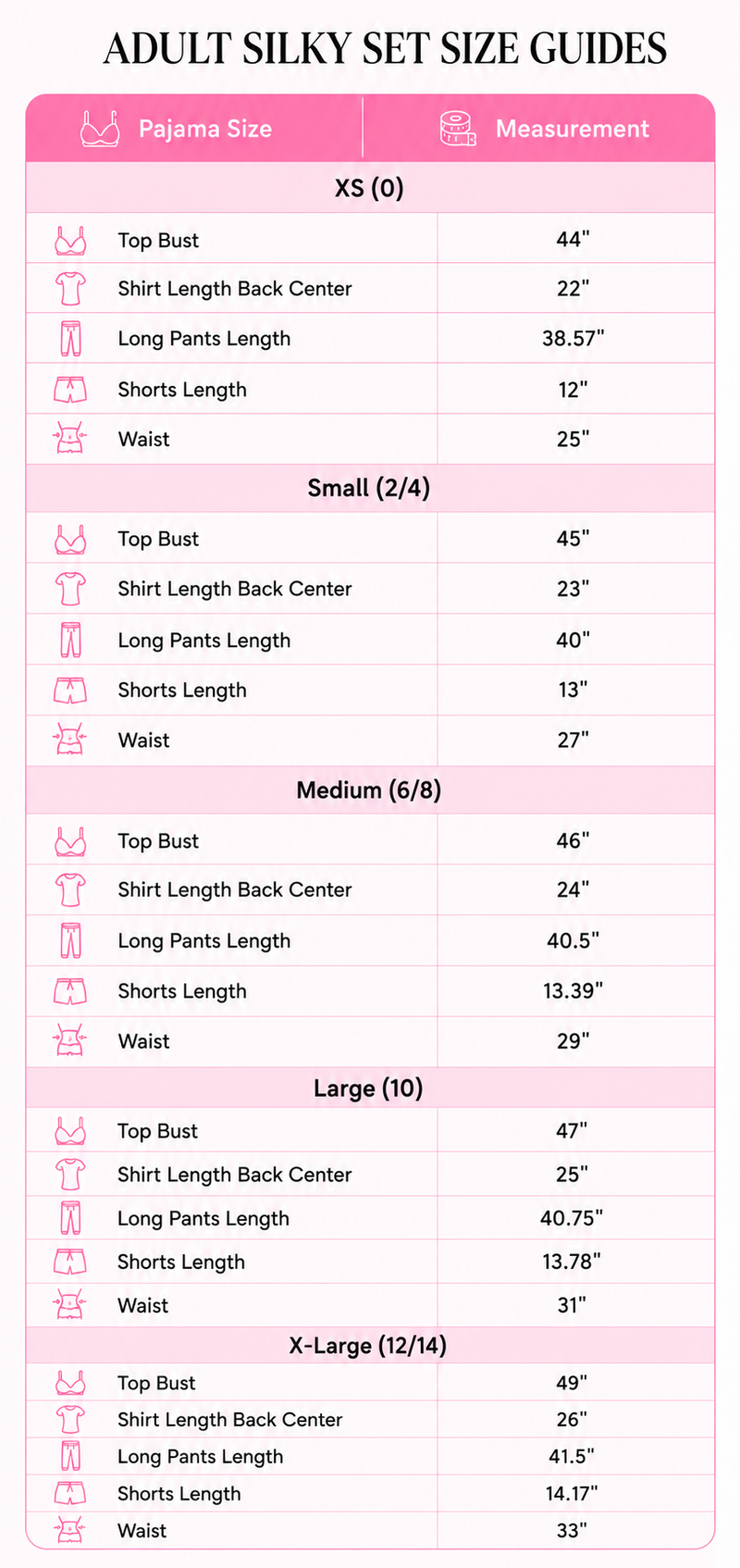 Size Guide for Highway Holiday Silky Pant Set (mobile)