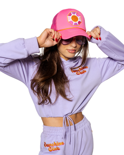 Grace Ann Nader in Solitaire Sun Trucker Hat, Pink