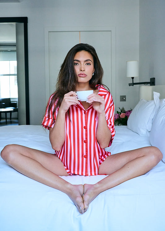 Grace Ann Nader model in Silky Christmas Club Short Sleeve Short Set