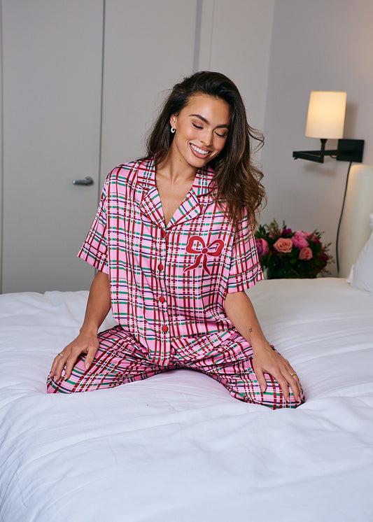 Grace Ann Nader model in Silky Merry Magic Short Sleeve Pant Set