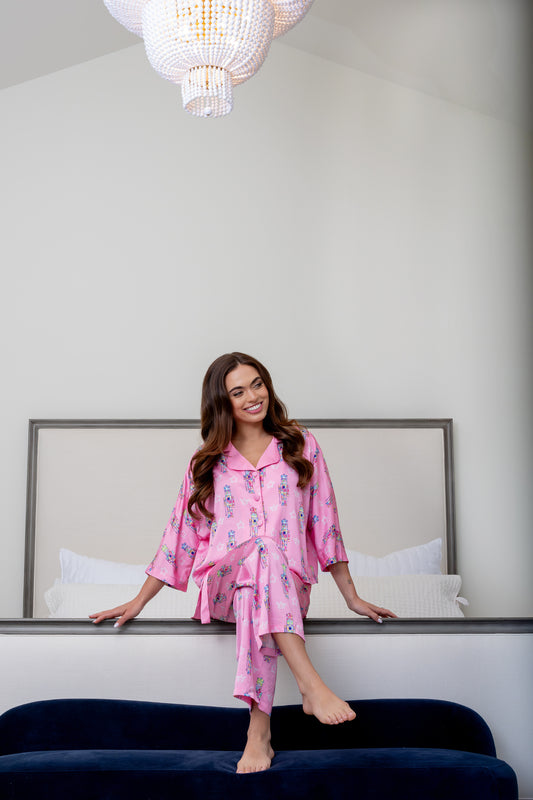 Grace Ann Nader model in Silky Graffiti Nutcracker, Pink3/4 Sleeve Pant Set