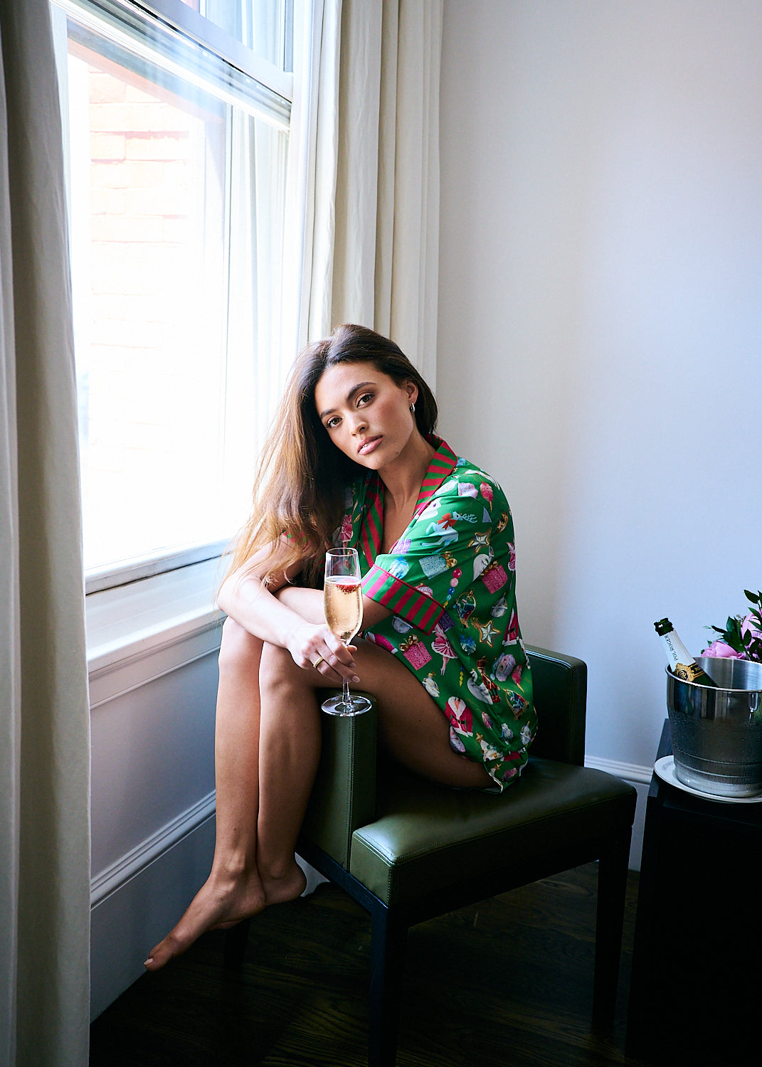 Grace Ann Nader model in Silky Holiday Baubles Short Sleeve Short Set