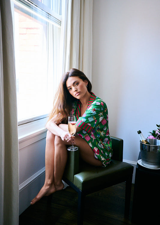 Grace Ann Nader model in Silky Holiday Baubles Short Sleeve Short Set