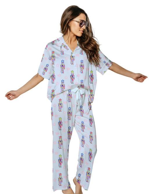 Grace Ann Nader in Silky Graffiti Nutcracker, Blue (Short Sleeve w/ Pants)