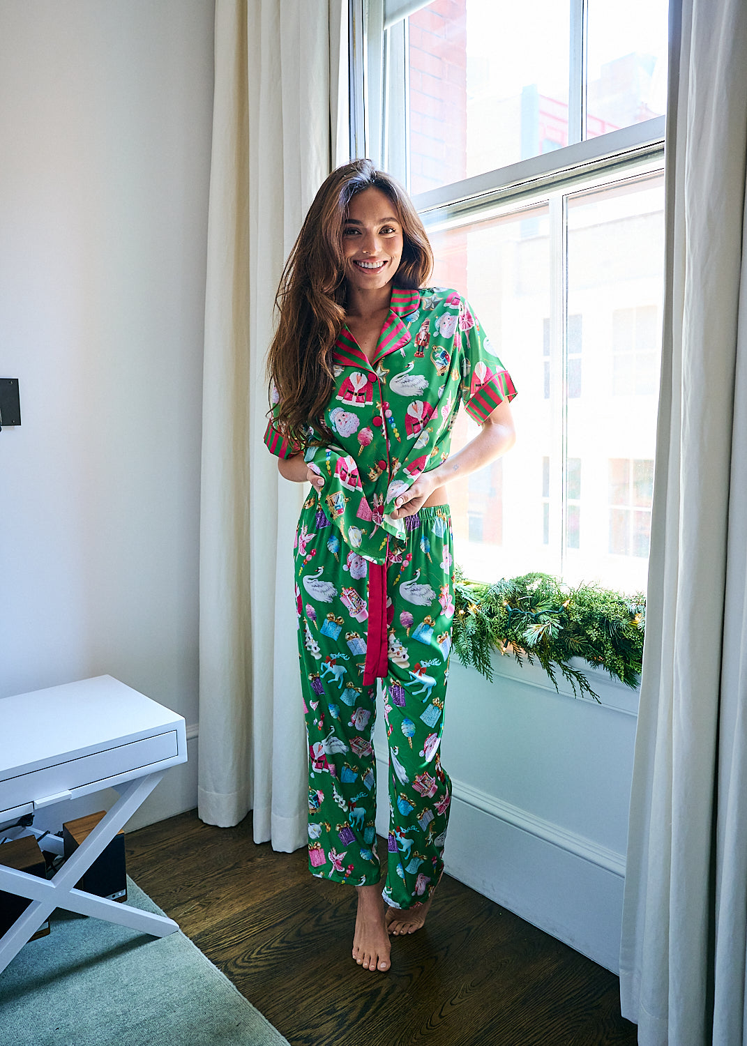 Grace Ann Nader model in Silky Holiday Baubles Short Sleeve Pant Set