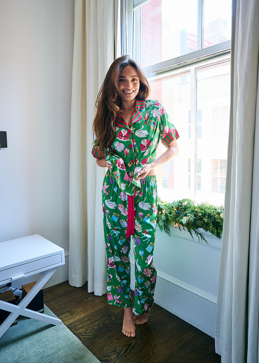 Grace Ann Nader model in Silky Holiday Baubles Short Sleeve Pant Set