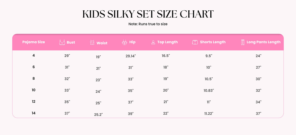 Size Guide for Kids Fashionista Silky Short Set