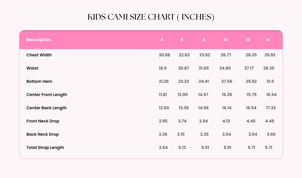 Size Guide for Kids Pool Party Cami