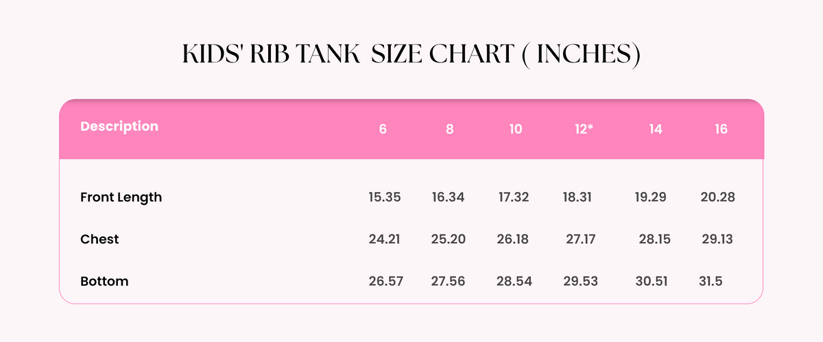 Size Guide for Kids Sunshine Classic Ribbed Tank, White