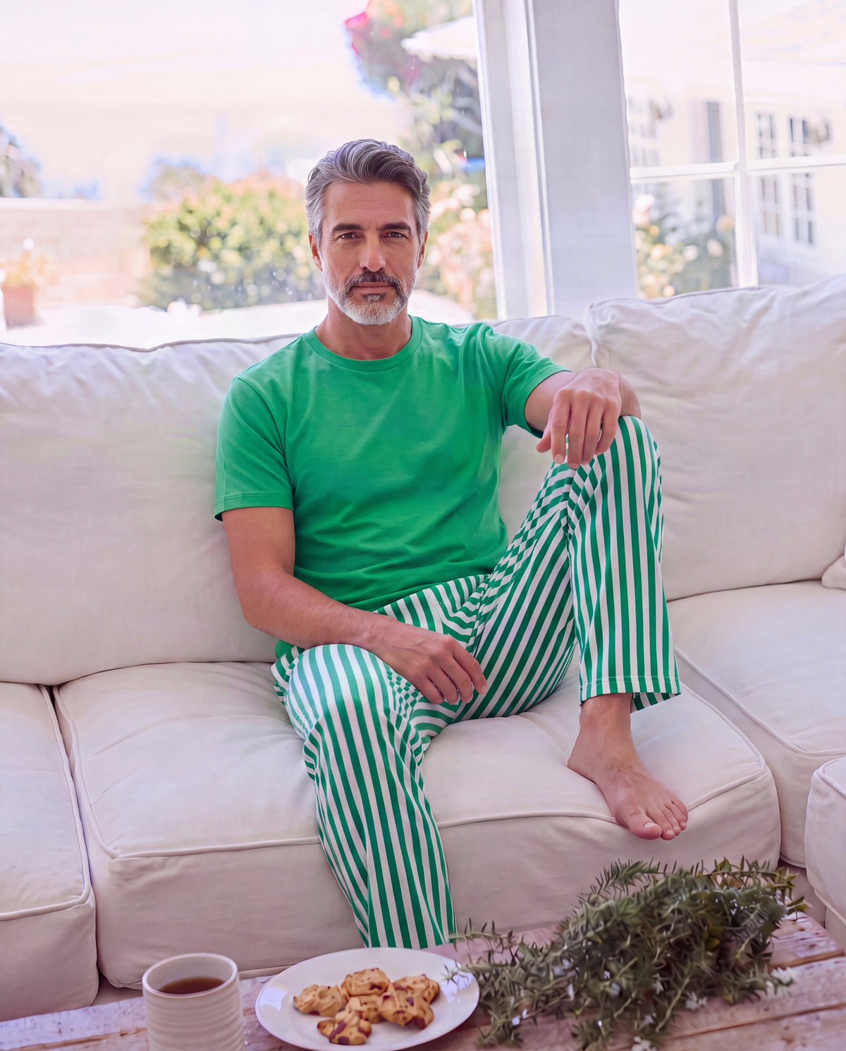 Mens Stripe Pant Set, Green