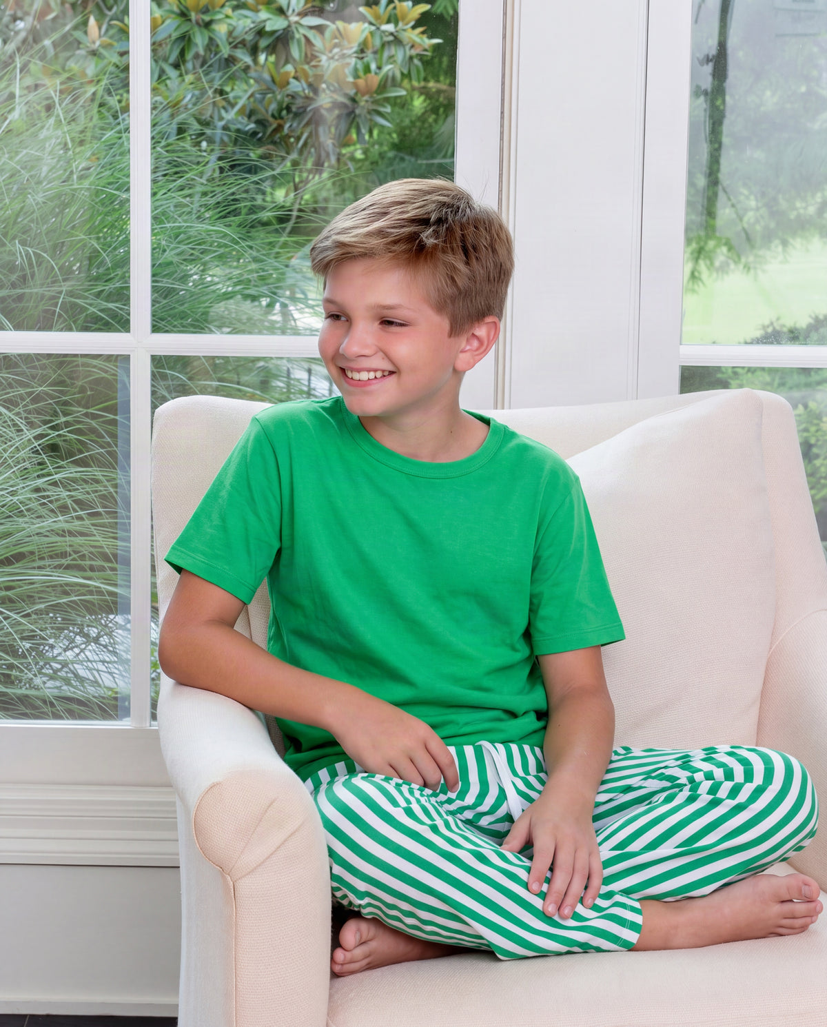 Boys Striped Pant Set, Green