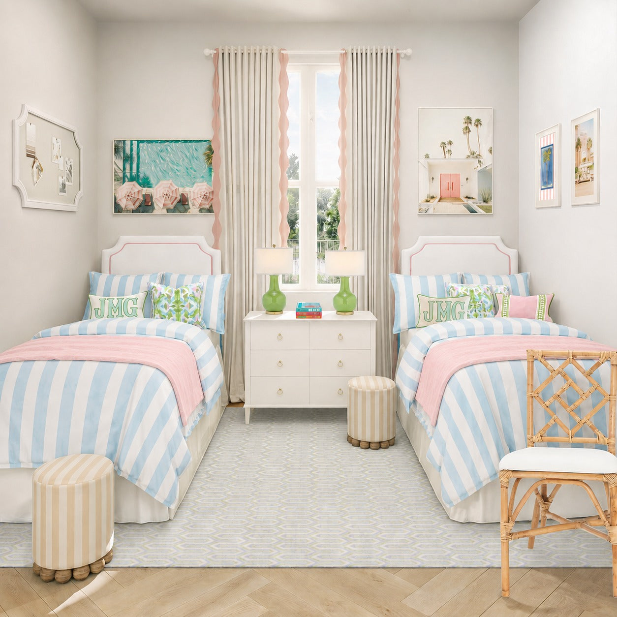 A bright, symmetrical children's bedroom featuring two single beds with light blue and white striped bedding and pink throws, a white nightstand with green lamps, striped stools, and a rattan chair on a light rug.