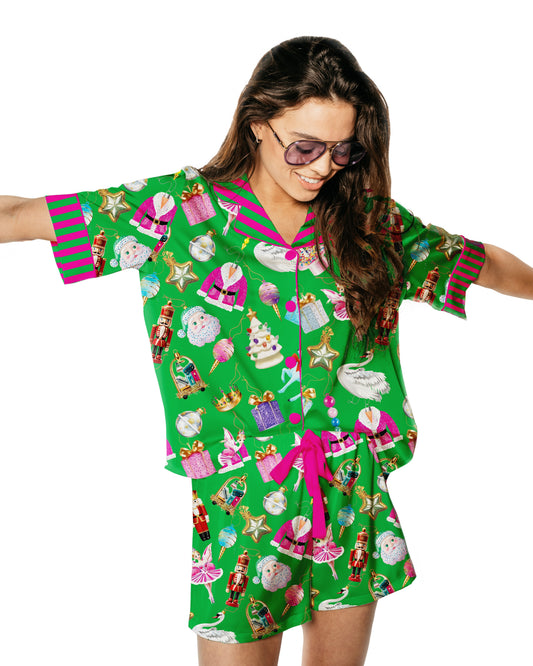 Silky Holiday Baubles Short Sleeve Short Set