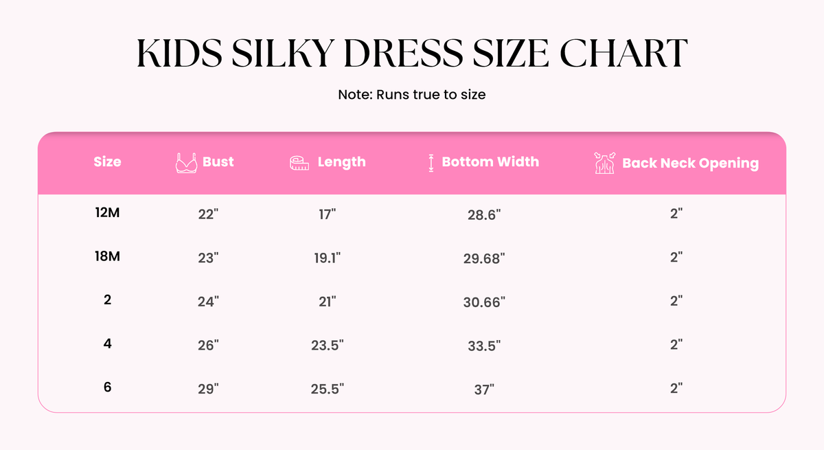 Size Guide for Kids Crown Jewel Silky Dress