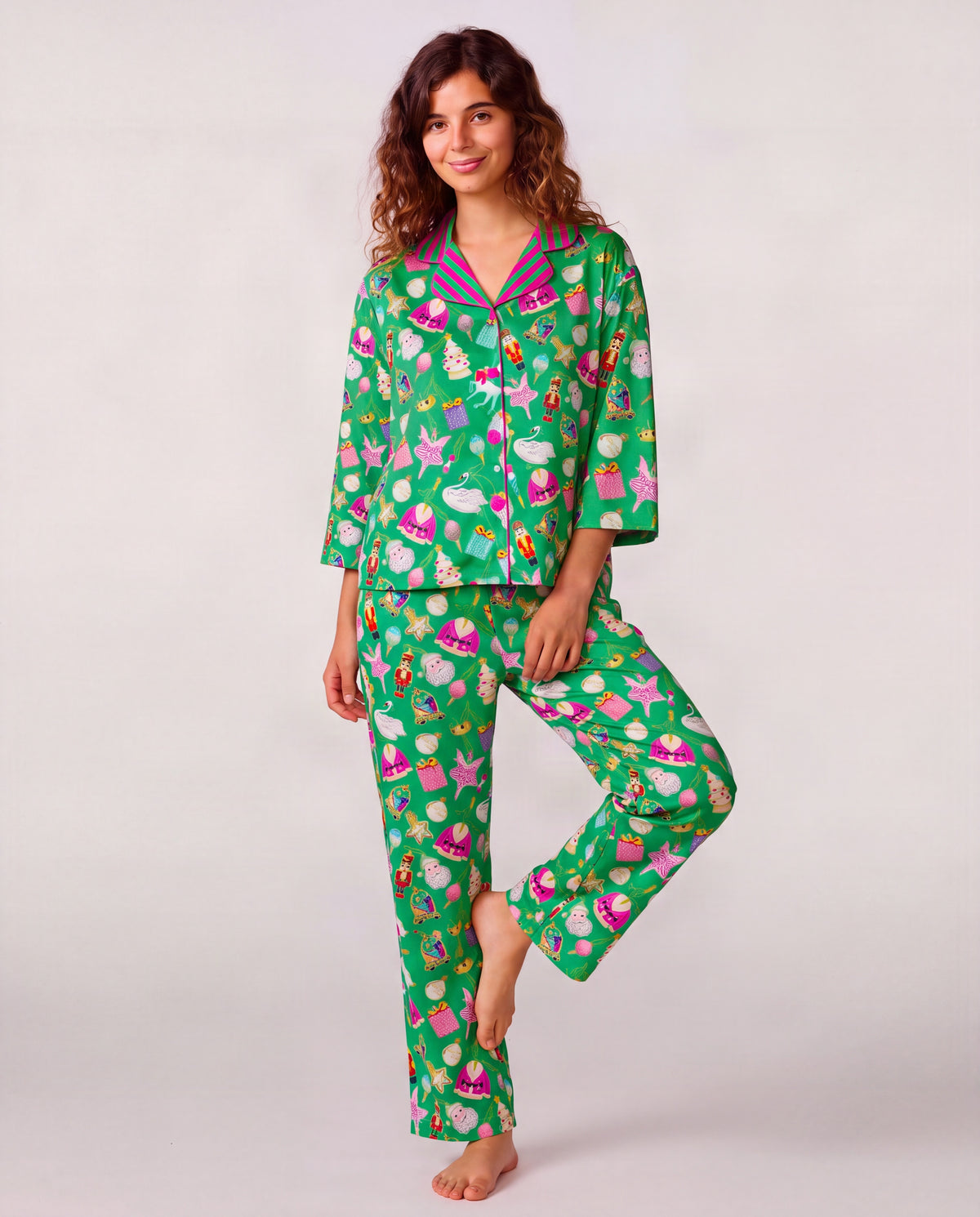 Holiday Baubles Silky 3/4 Sleeve Pant Set
