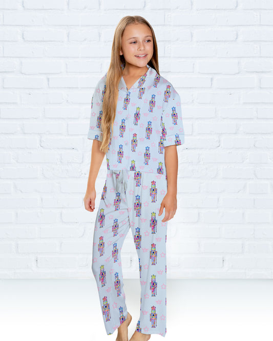 Kids Silky Nutcracker, Blue Short Sleeve Pant Set