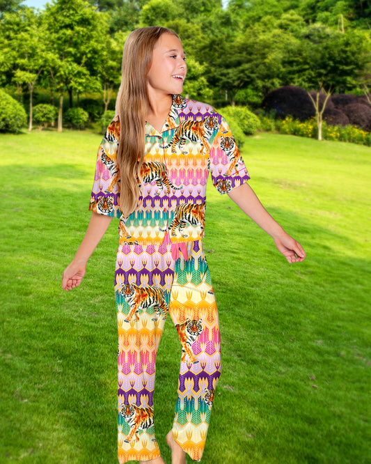 Kids Silky Tiger Royale Short Sleeve Pant Set